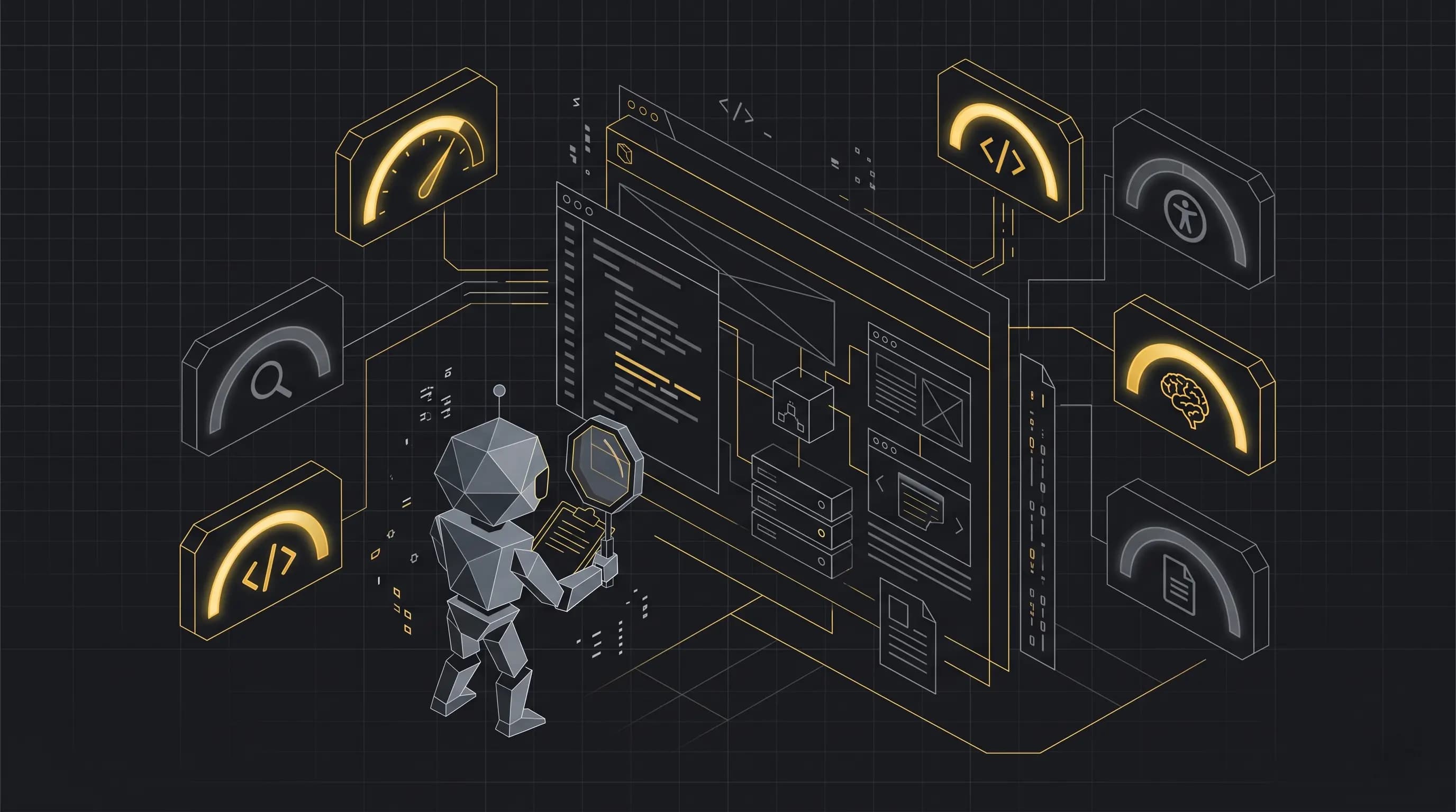 Ilustración de una auditoría web técnica — velocidad, schema, accesibilidad e invisibilidad en IA