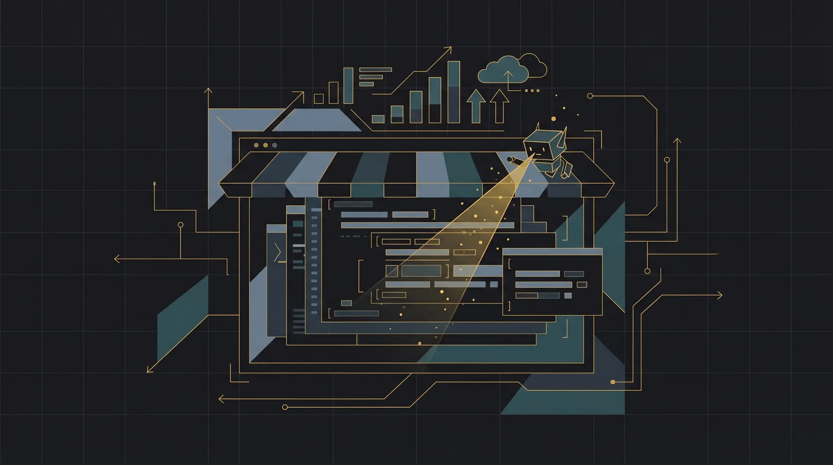 Ilustración de un agente de IA optimizando una tienda Shopify — análisis de código y métricas
