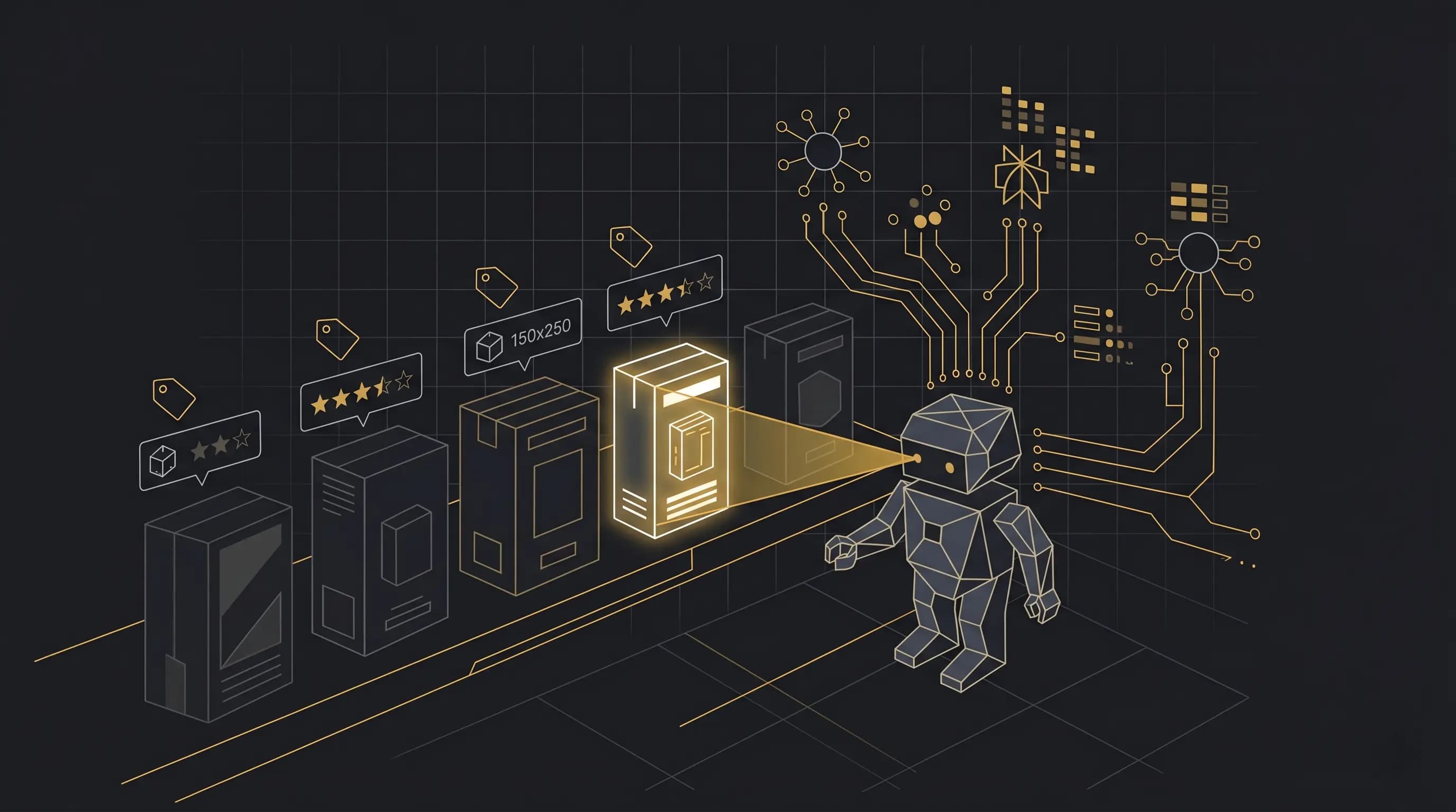 Ilustración de agente de IA evaluando datos de producto estructurados — agentic commerce