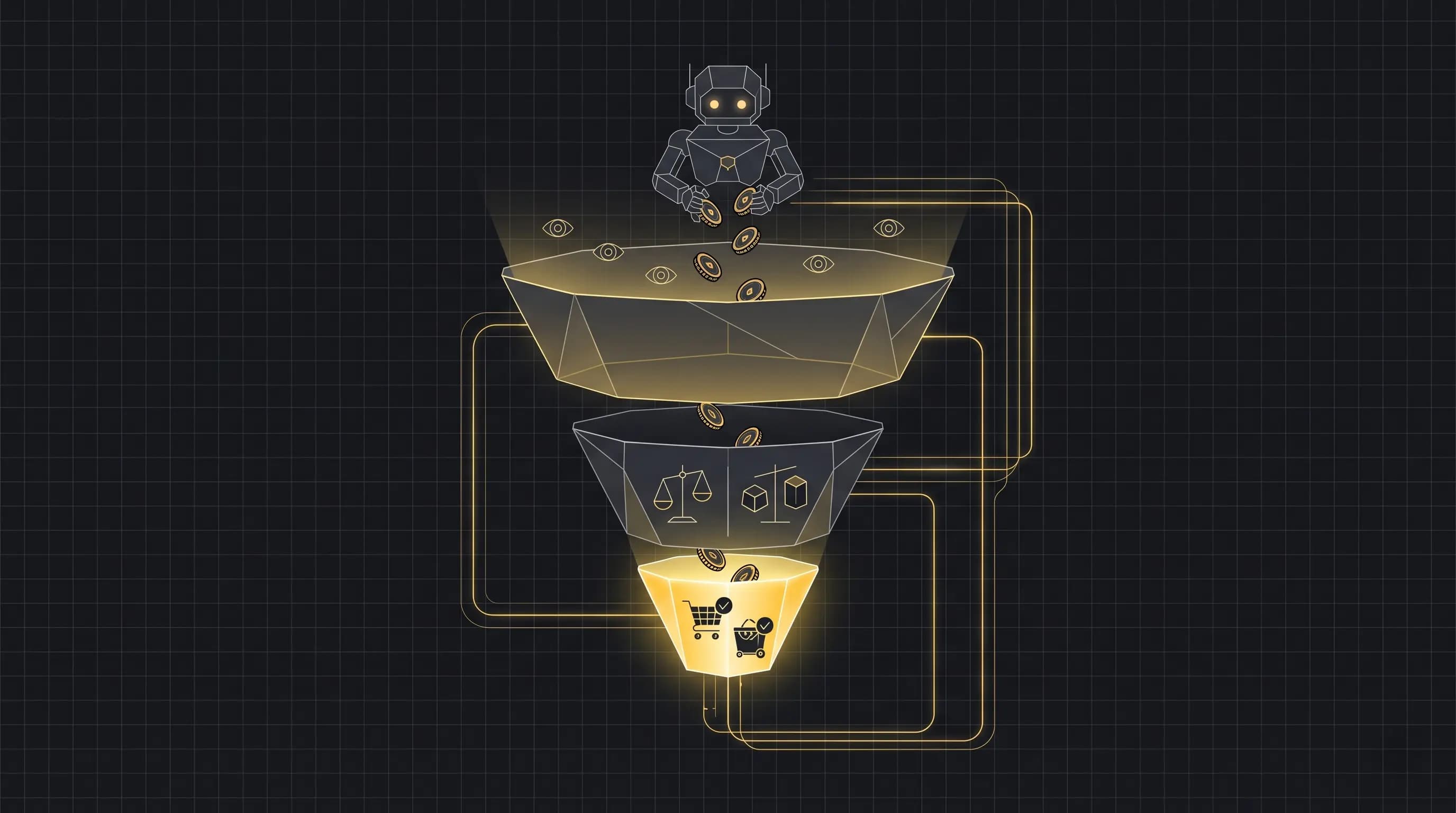 Ilustración de estrategia Full Funnel en Amazon Ads — awareness, consideración y conversión