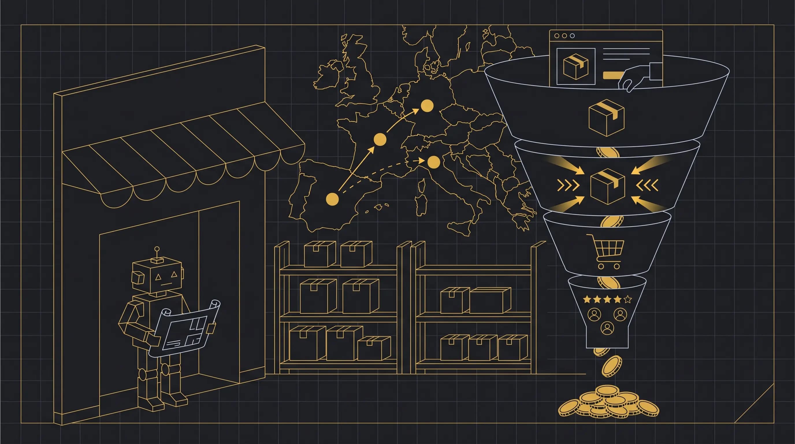 Ilustración de la guía completa para vender en Amazon España — proceso de venta de principio a fin