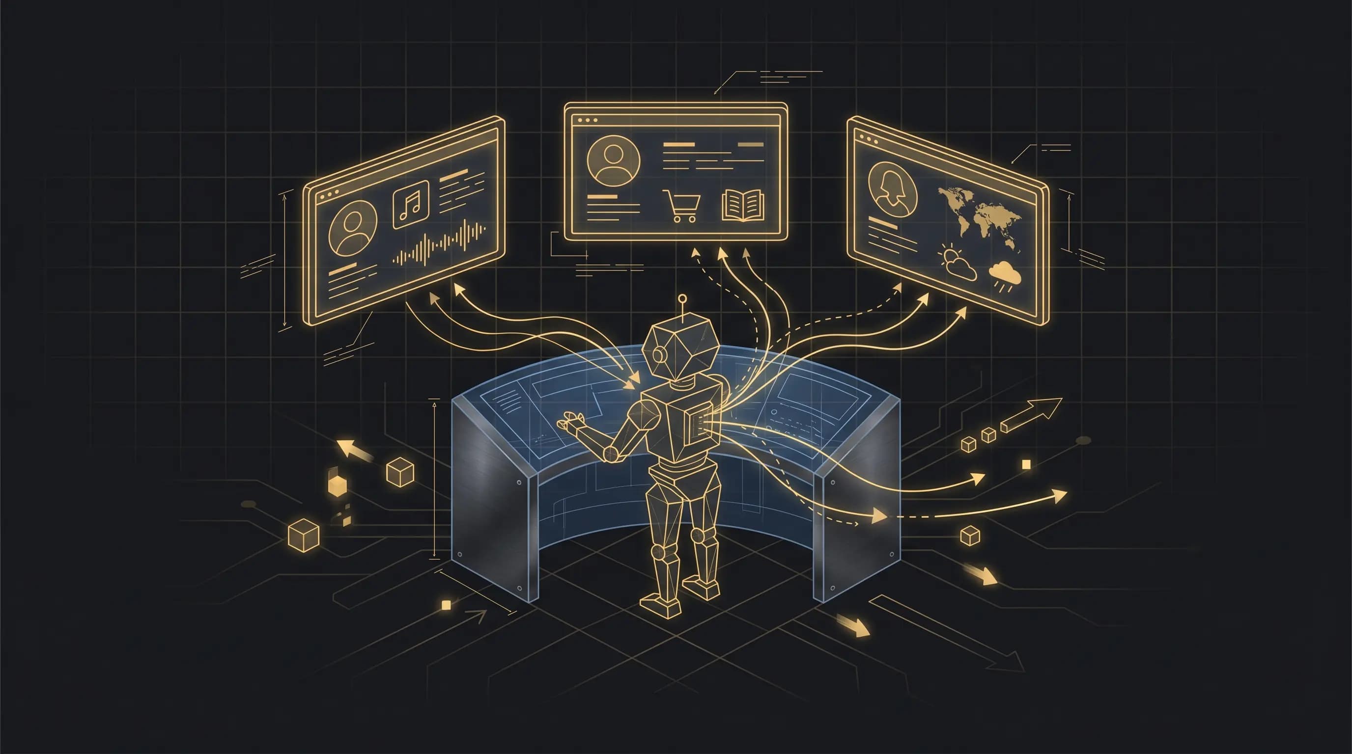 Ilustración de agentes de IA personalizando experiencias para diferentes perfiles de usuario