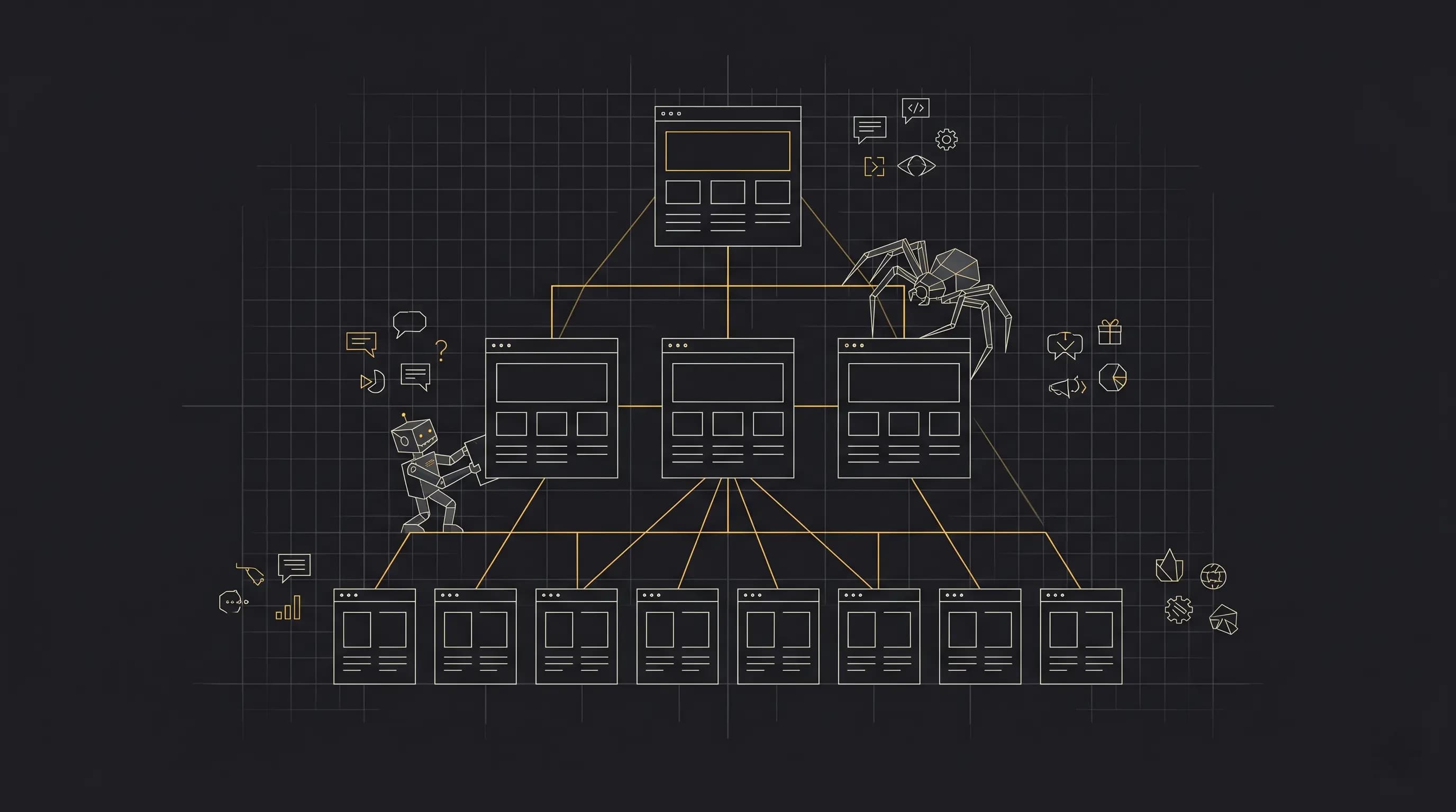 Ilustración de arquitectura SEO para e-commerce — pirámide de páginas con enlaces internos